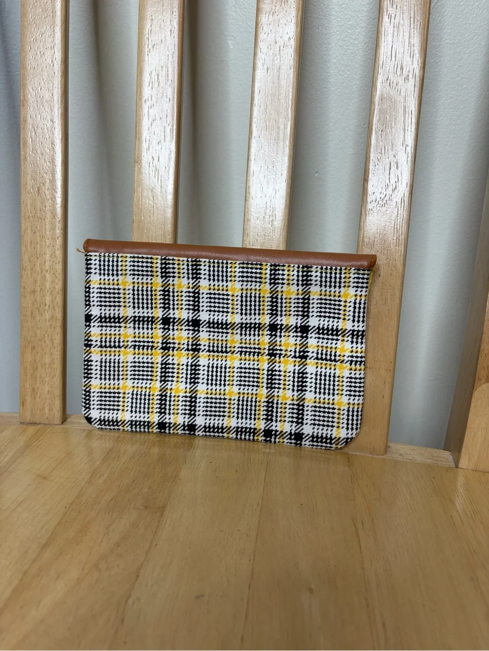 Ipsy Women's Plaid Clutch makeup bag with Brown Faux Leather Flap